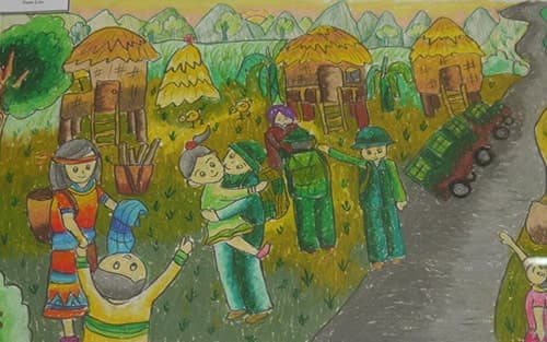 Vẽ tranh đề tài chú bộ đội hành quân về làng giúp dân đẹp nhất