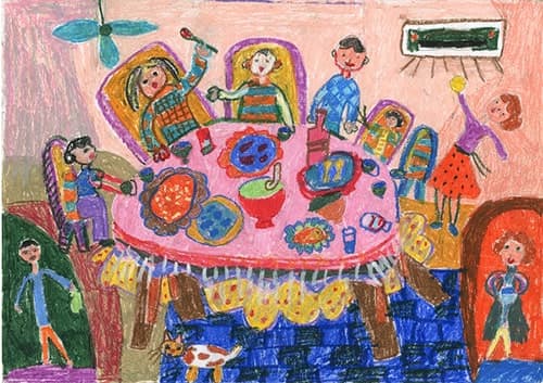 Vẽ tranh gia đình đang ăn cơm ấm cúng